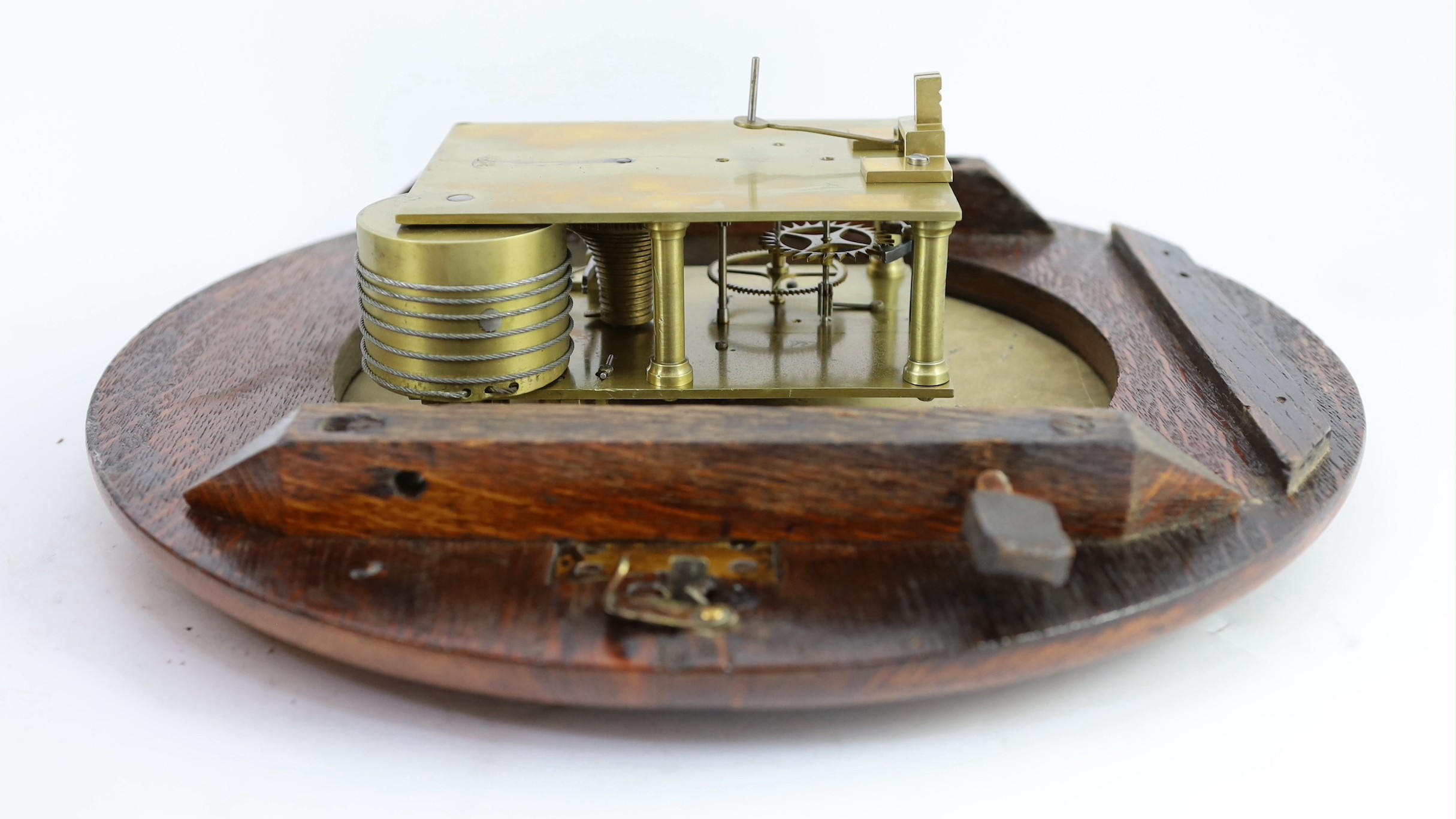 John Walker, South Milton St, London. An Edwardian oak cased drop dial wall timepiece with British Rail South inscription, width 37cm height 46cm